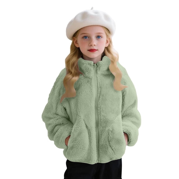 Trikvn Girls Sherpa Fleece Jacket Full Zip Up Fluffy Cozy Fuzzy Coats with Pockets Warm Winter Active Outerwear for Kids Tween Casual School Everyday Wear