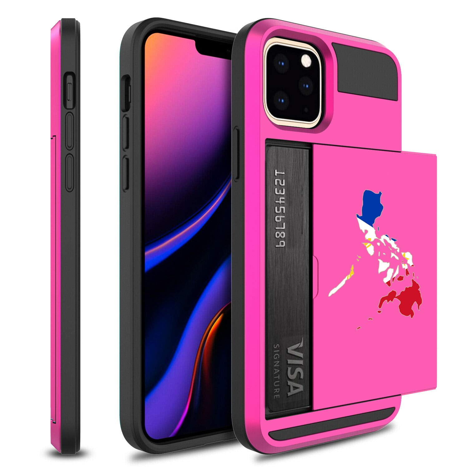 wallet credit card id holder shockproof protective hard case cover for apple iphone philippines filipino flag hotpink for apple iphone 11 pro max