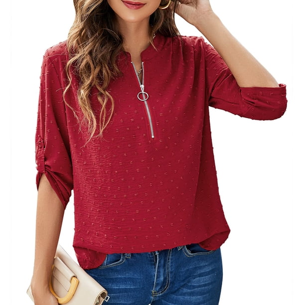 Tops De Manga Tres Cuartos, Blusa De Moda Para Mujer Con Cremallera Para El Club Para El Trabajo Para Dama