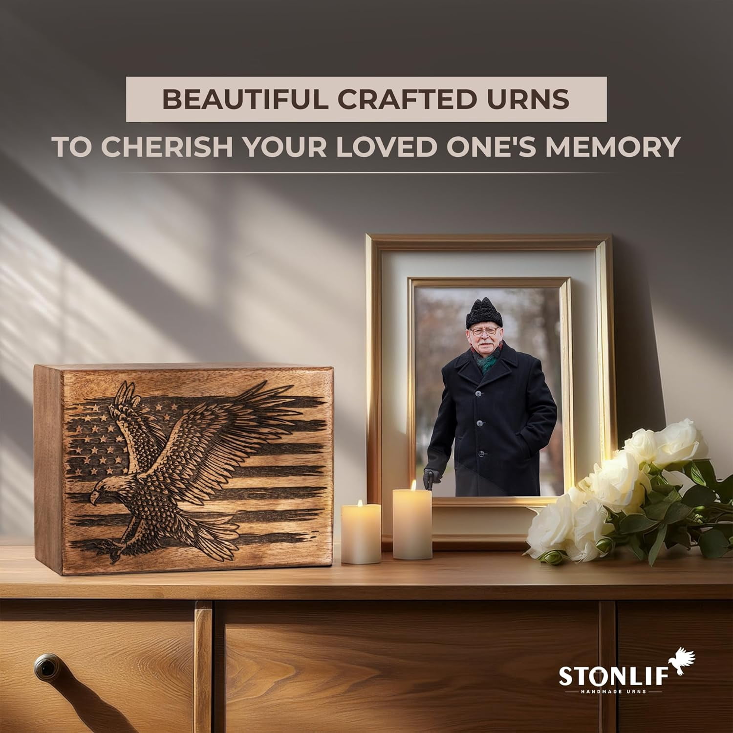 Cremation Urns for Human Ashes - American Eagle Wooden Box and Casket for Men, Women and Child Ashes - Funeral Memorial Burial Urn for Cat Dog Pet Ashes - Keepsake (12 Cu/in)