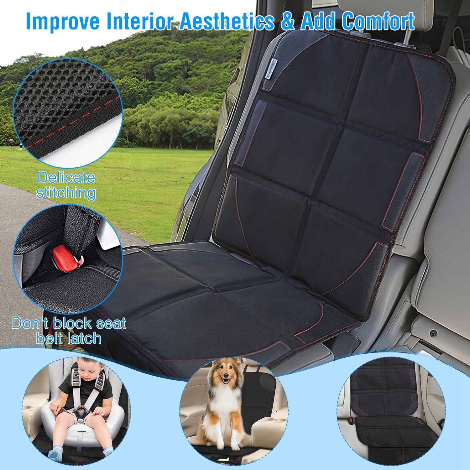 Imountek 2Pcs Car Seat Protector Cushion with Thick Padding, Protector for Child Car Seat, Mesh Pockets & Non-Slip Back Fit for Cars SUVs