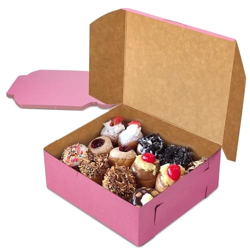 Fit Meal Prep [25 Pack] Pink Bakery Boxes 8x8x4 Pastry Box for Cupcakes, Desserts, Cookies, Candies Ideal Packaging for Bakeries and Home-made Baked Goods, Favors, and Gifts