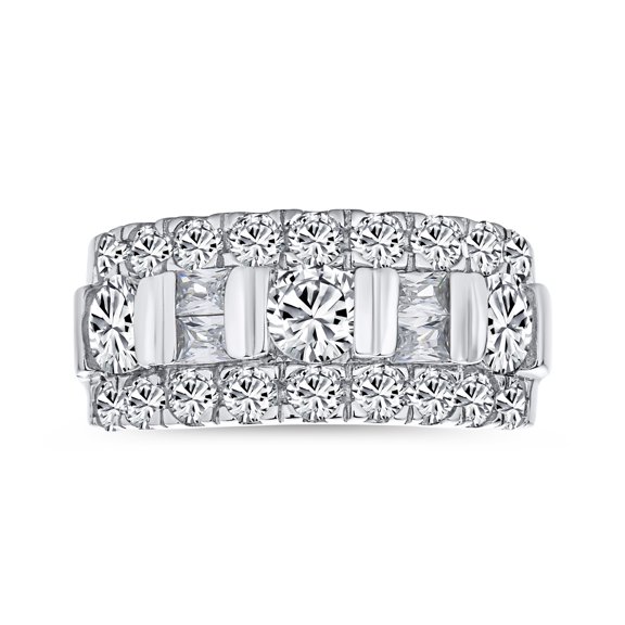 Bling Jewelry Womens Channel Set CZ Alternating Round Baguette Wide Wedding Band Ring Sterling Silver