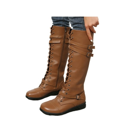 

Tenmix Womens Comfort Bike Boot Walking Fashion Lace Up Riding Boots Work Non Slip Winter Knee High Shoes Yellow Brown 9