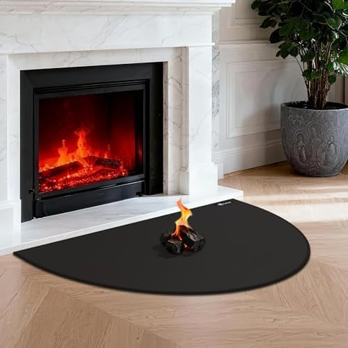 Fireproof Fireplace Mat & Hearth Rug 24×42Inch Half Round Hearth Stove Rug Protects Floors, Decks and Patios from Sparks Embers, Black