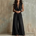 thumbnail image 4 of Costeam Womens Sleeveless Collared V Neck Full Length Jumpsuit Dual Side Slip Pockets Drawstring Cinched Elastic High Waist Lightweight Flowey Wide Leg One Piece Casual Outfit, 4 of 7