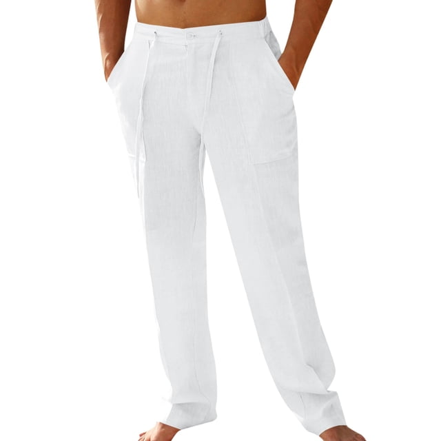 Pantalón de lino PASLTER para hombre, casual, holgado, blanco