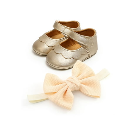 

SIMANLAN Baby Shoes Bow Loafers Round Toe Mary Jane Flats Little Kids Comfort Moccasin Toddler Boys Girls Soft Sole Casual Shoe Golden With Hair Band 6C