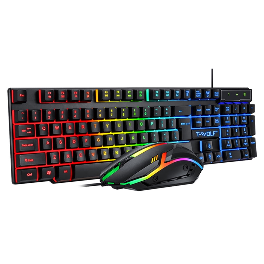 T-WOLF TF800, Computer Keyboards, Four-Piece Gaming Combo 104 Keys Keyboard 4-Color Breathing Light 3.5mm Gaming Headset, Compatible with mobile phone, tablet, laptop, PC, also compatible with XBOX One/XBOX One S, Switch, Black, 4, 1, 4