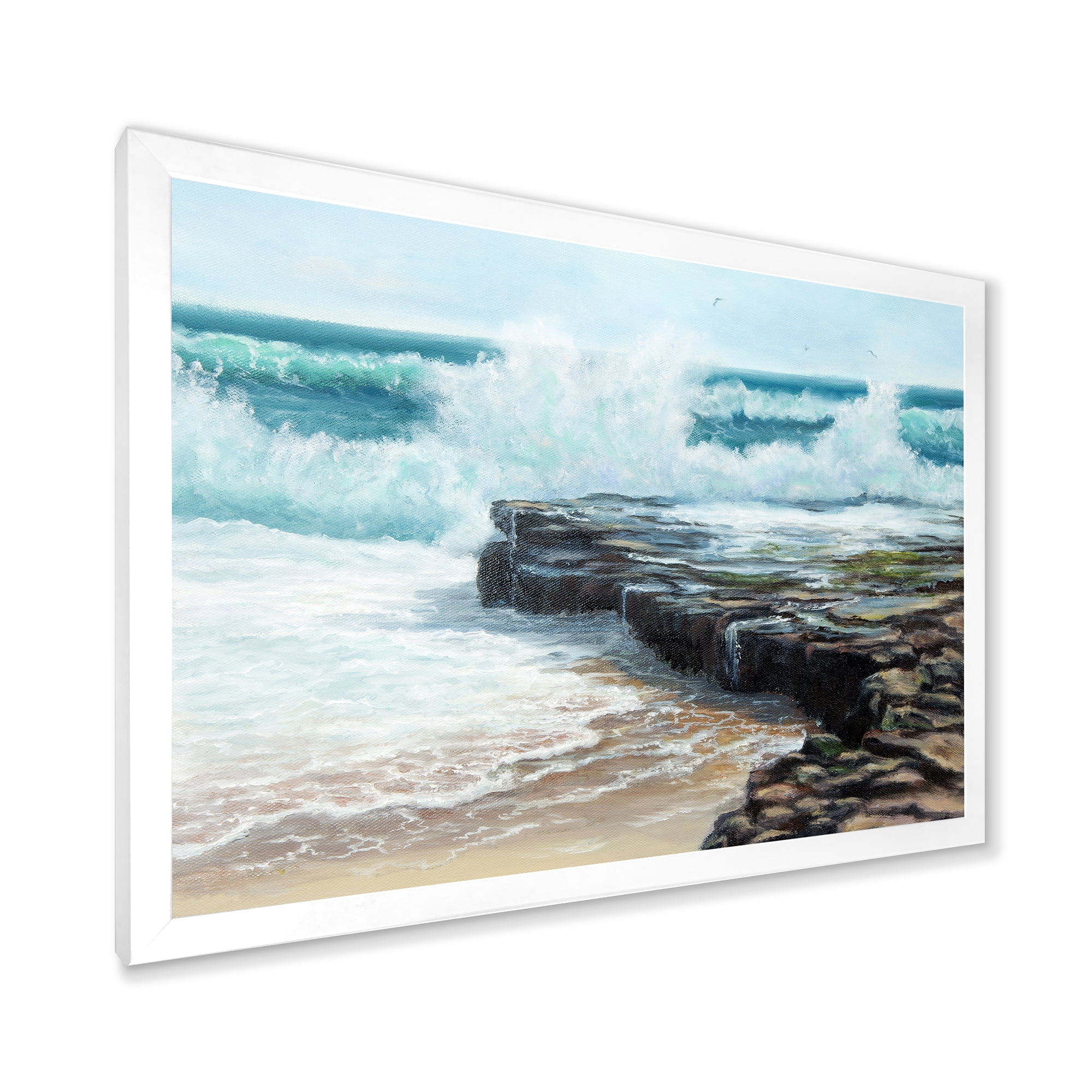 Designart 'Wild Ocean Waves Breaking On The Shore' Nautical & Coastal Framed Art Print