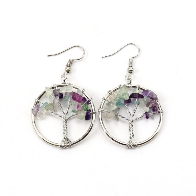 Xiao Hua Pendientes de piedra natural personalizados, hechos a mano, envueltos en seda, de plata, con colgante de árbol de la vida de cristal natural de 3 cm (multicolor).