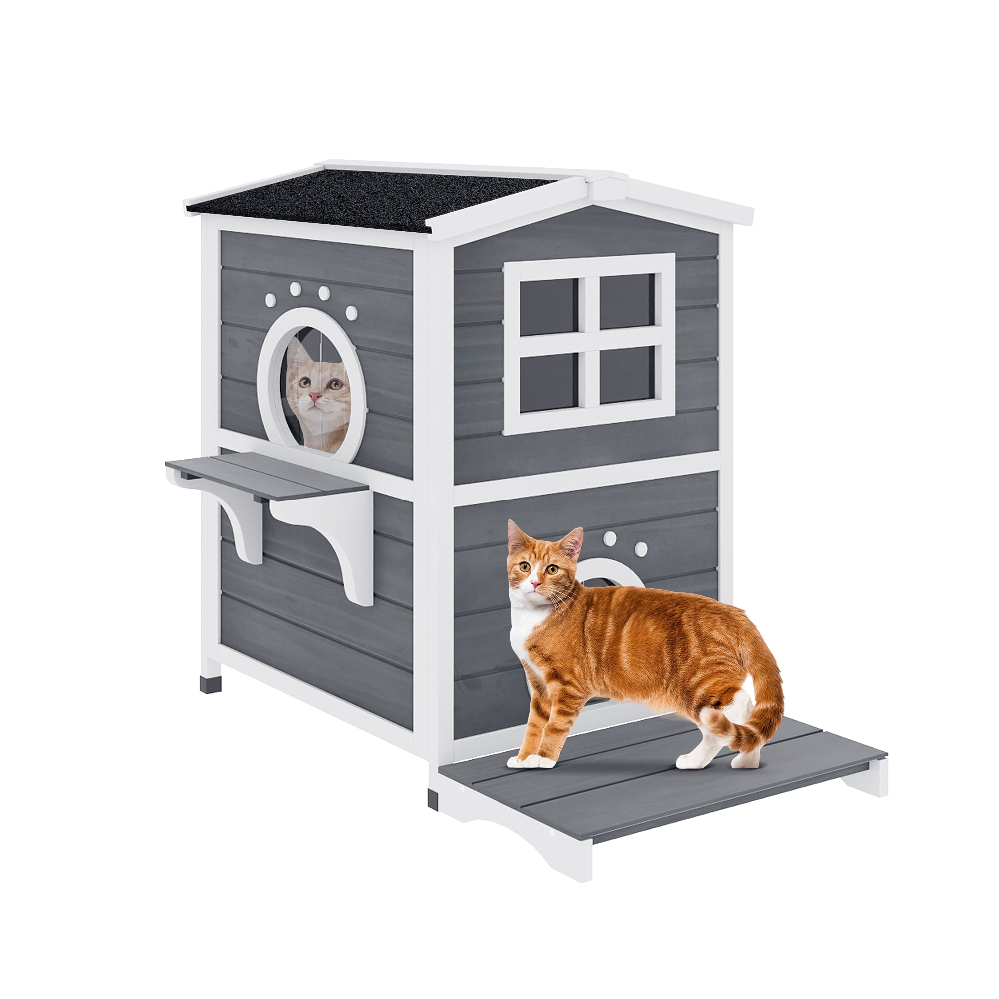 Uforic Cat House Outdoor Two-Story Wooden Feral Cat Shelter with Openable Roof, Escape Door - Gray