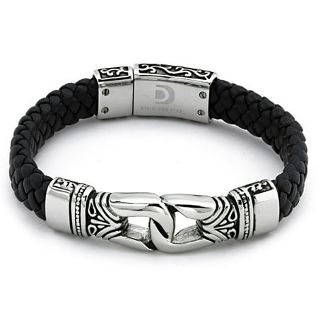 Mens Braided Leather Bracelet - Mens Stainless Steel Antique Braided Leather Bracelet