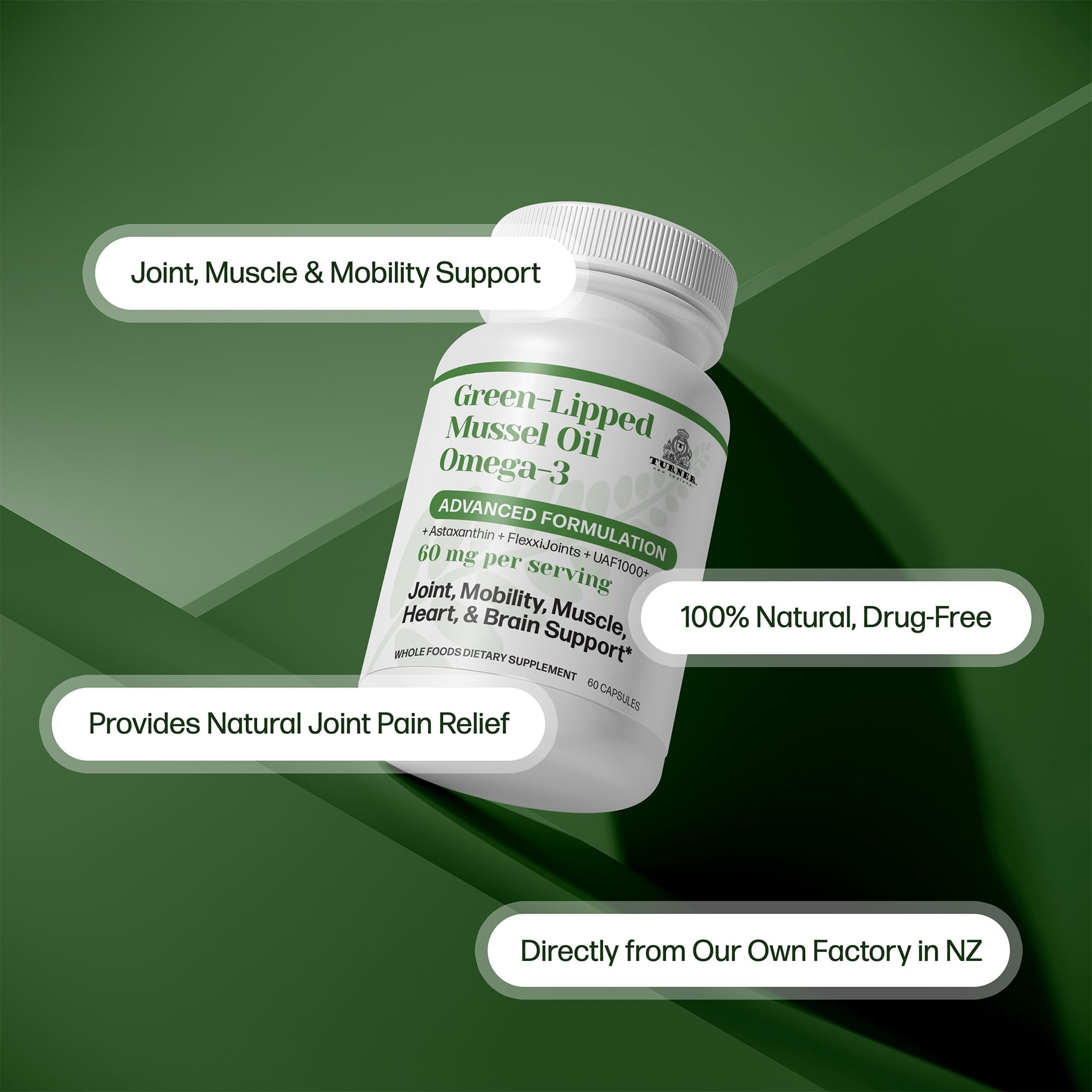 TURNER New Zealand Green Lipped Mussel Oil Omega-3, 53x Higher Potency with UAF1000+ Super Antioxidant for Superior Joint Comfort & Mobility, No Fishy Aftertaste, 4 Bottles, 240 Softgels