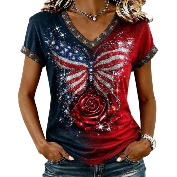 Camiseta de Manga Corta de la Mujer de la Moda Casual Cómoda Impresión de Manga Corta con Cuello en V