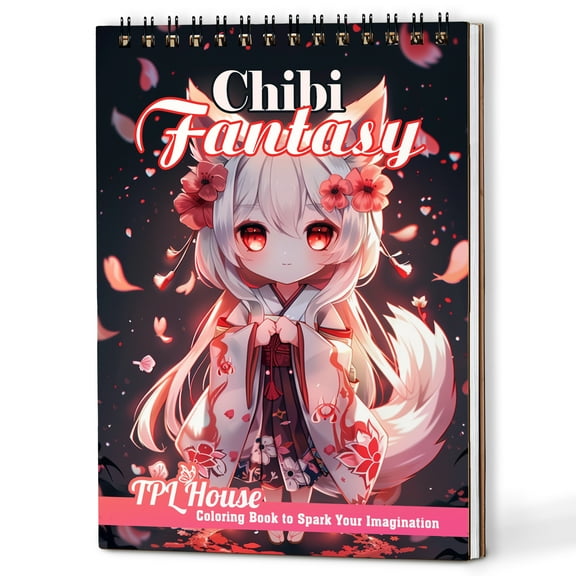 TPLHOUSE Chibi Fantasy Coloring Book Spiral Bound for Adults, A5 Wooden Cover, 30 Cute Kawaii Character Coloring Pages with Manga Style Artwork for Stress Relief and Relaxation