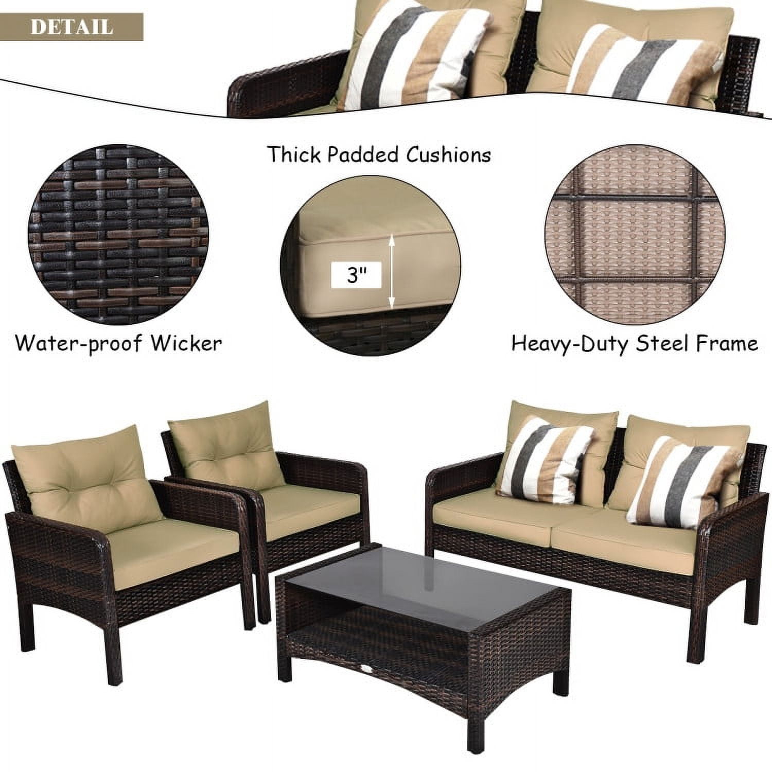 Aimee Lii 4 Pieces Outdoor Rattan Wicker Loveseat Furniture Set with Cushions, Small Patio Set, Khaki Aimee Lii 4 Pieces Outdoor Rattan Wicker Loveseat Furniture Set with Cushions, Small Patio Set, Khaki