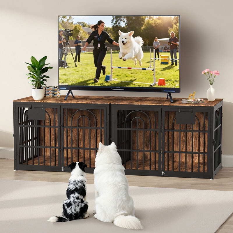 Dog Crate Furniture with Cushion, Wooden Dog Kennel End Table with Double Doors, Heavy Duty Indoor Dog House for Small Medium Large Dogs, Rustic Brown, 32in