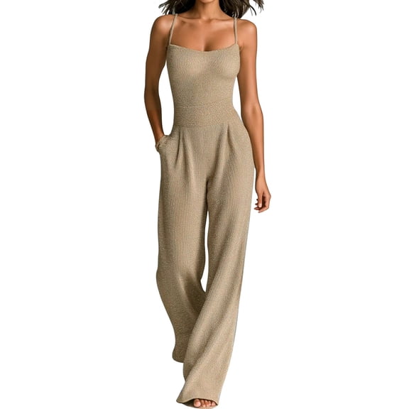 NMMUED Jumpsuits for Women Dressy Casual Sleeveless Wide Leg Long Romper Spaghetti Strap High Waist Lounge Jumpsuit with Pockets Beige L