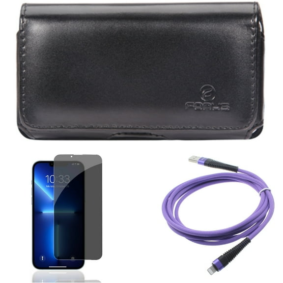 Privacy Screen Protector & Purple 10ft PD Cable & Case Belt Clip for iPhone 13/Pro ONLY - Tempered Glass Curved Anti-Spy   USB-C Extra Long Cord Fast Charger   Leather Swivel Holster Combo