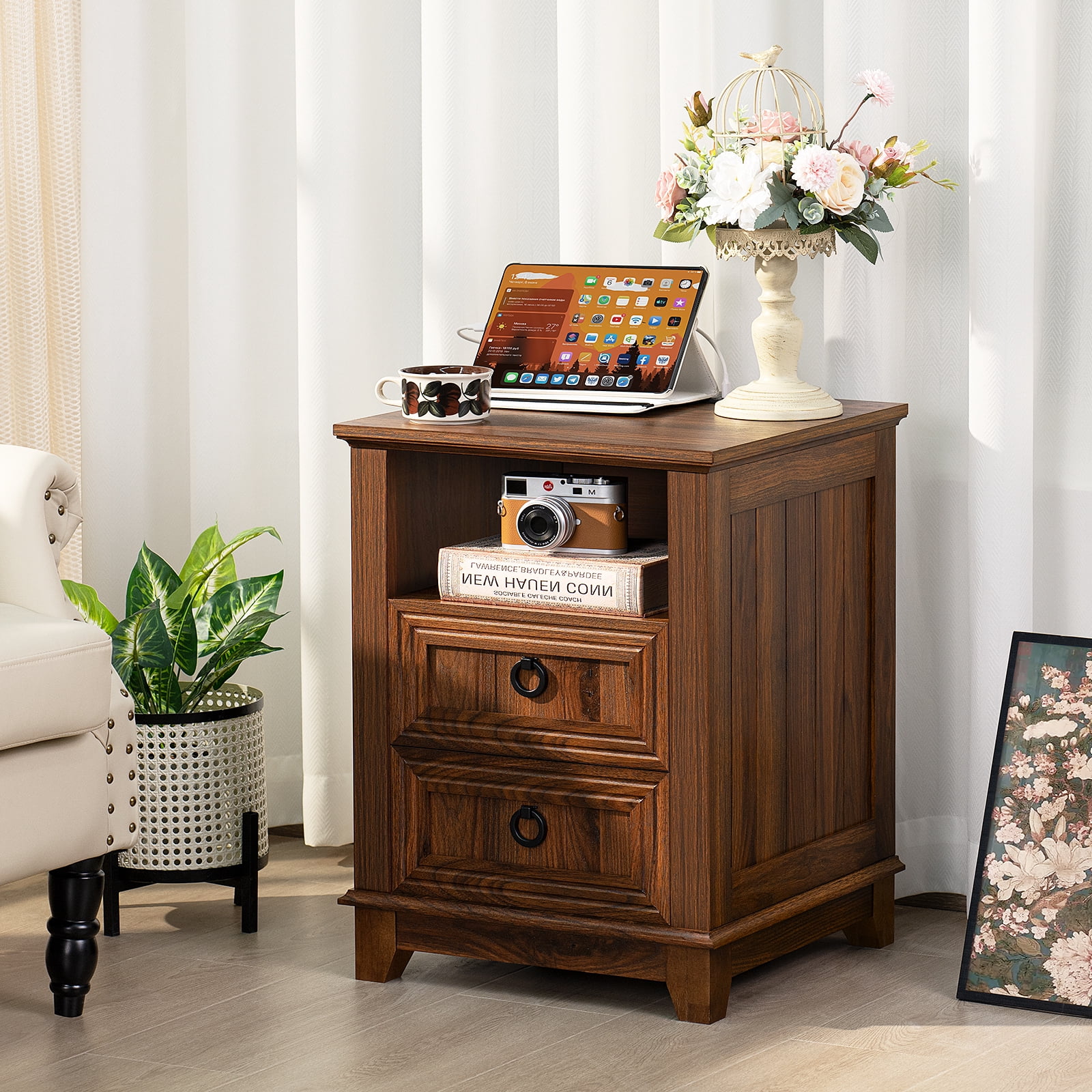 Joaxswe Nightstand with Charging Station Set of 2, Adult End Table Wooden Bedside Table with 2 Drawers for Living Room, Brown