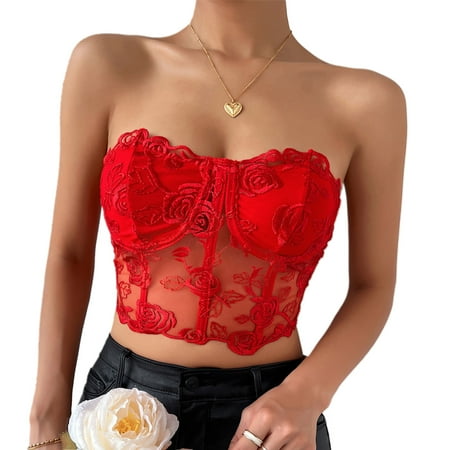 

Women Sexy Strapless Lace Corset Tube Top Rose Floral Mesh Boned Bustier Bra