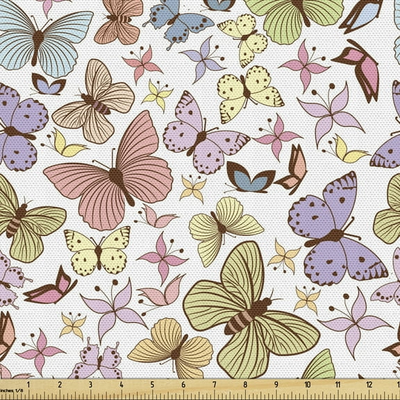 Ambesonne Butterfly Fabric by the Yard Upholstery, Doodle Motley Butterflies, 5 Yards, Multicolor