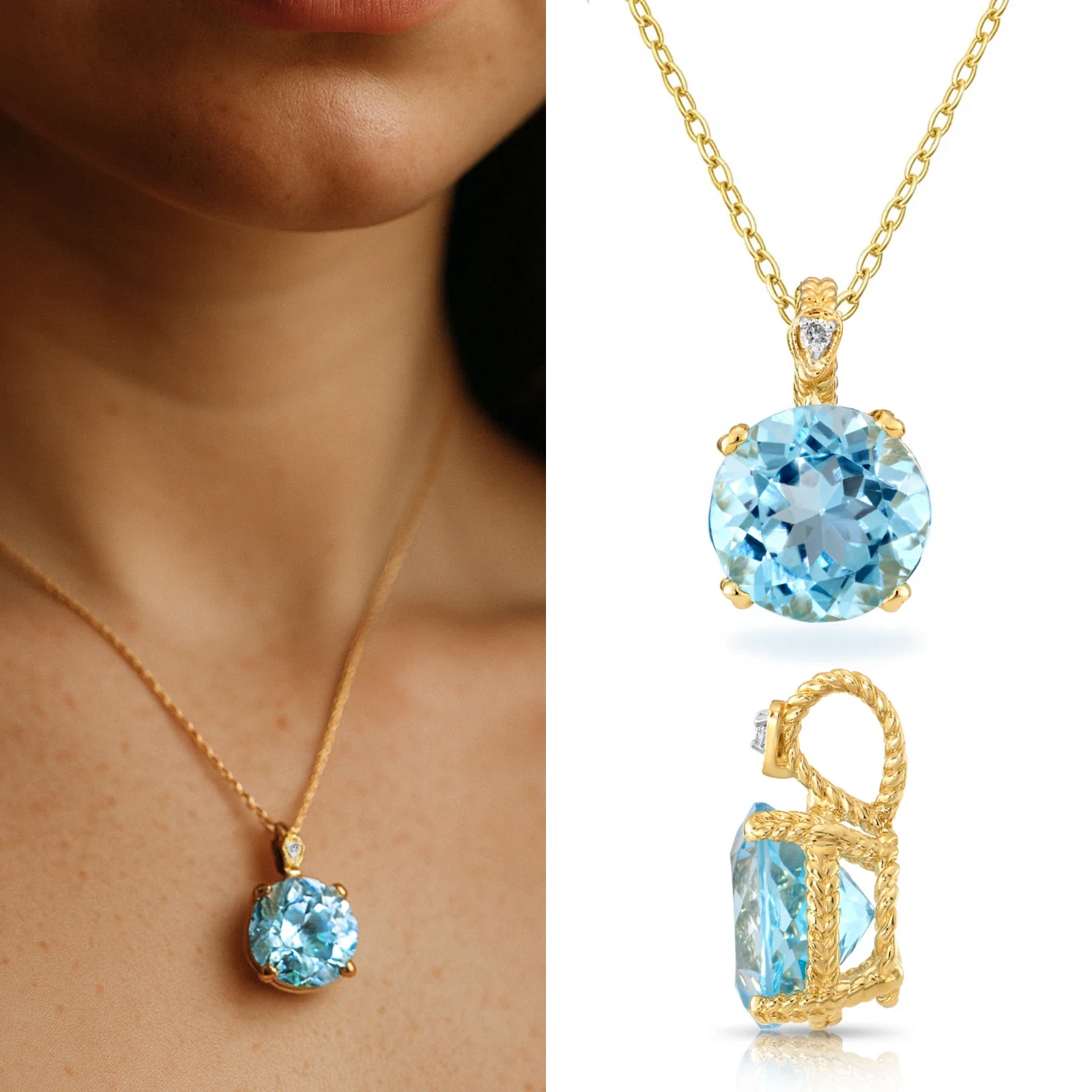 Tilo Jewelry 14K Yellow Gold 5 Carat Sky-Blue Topaz Gemstone Solitaire Pendant Necklace with Diamond Accents for Women & Unisex | 18 Inch Cable Chain