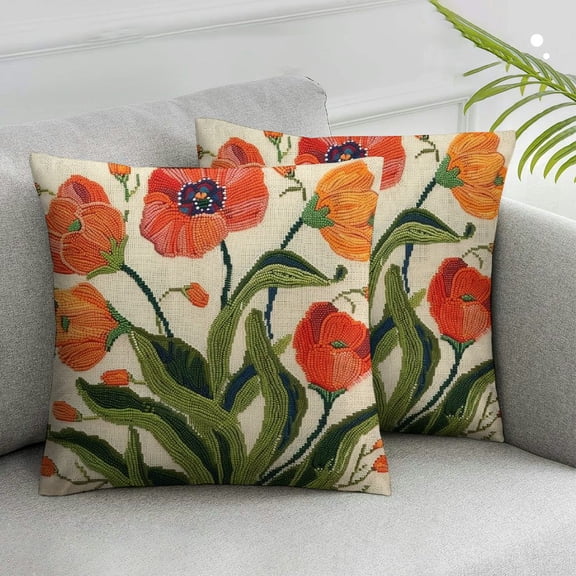 JRXY Pack of 2 Decorative Throw Pillow Cover Farmhouse Floral Pillowcase for Living Room Sofa Bed (Orange Tulip) White