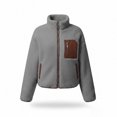 thumbnail image 7 of hoksml Women's Cropped Sherpa Fleece Jacket Full Zip Stand Collar with Contrast Pockets Teddy Coat for Daily Comfort, 7 of 7