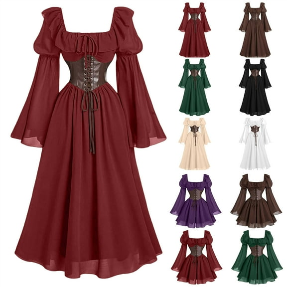 QATAINLAV Medieval Dress for Women Chiffon Patchwork Long Sleeve Corset Dresses Flare Sleeve A-Line Ruffle Dress Halloween Costume, Army Green, XL