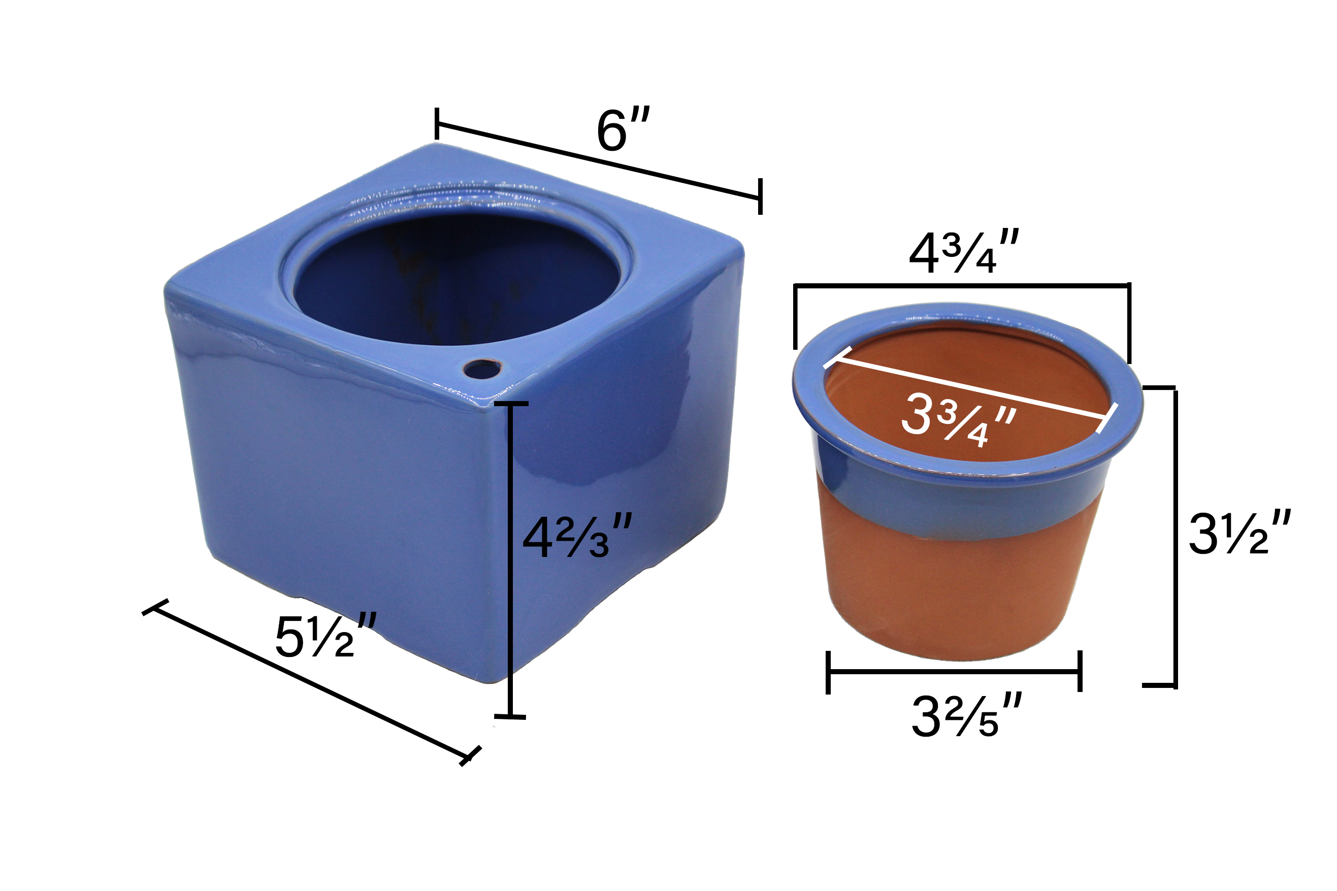 Self-Watering Square Terracotta Pot for African Violets and Small Plants, Red Clay Planter with Inner Pot and Reservoir, 6 Inch, Blue