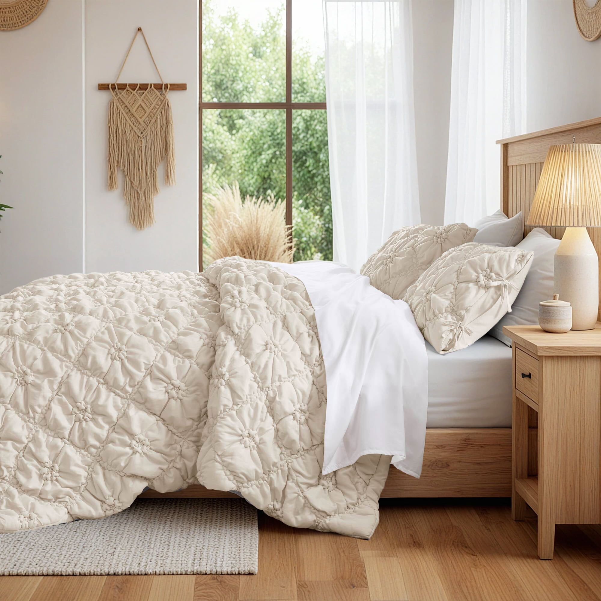 Regency Heights Full/Queen Textured Floral Comforter Set, Puffy Bow Tie Dorm Bedding Sets, 3-Piece Ivory Elastic Ruching Comforter Bed Set with Sham for All Season