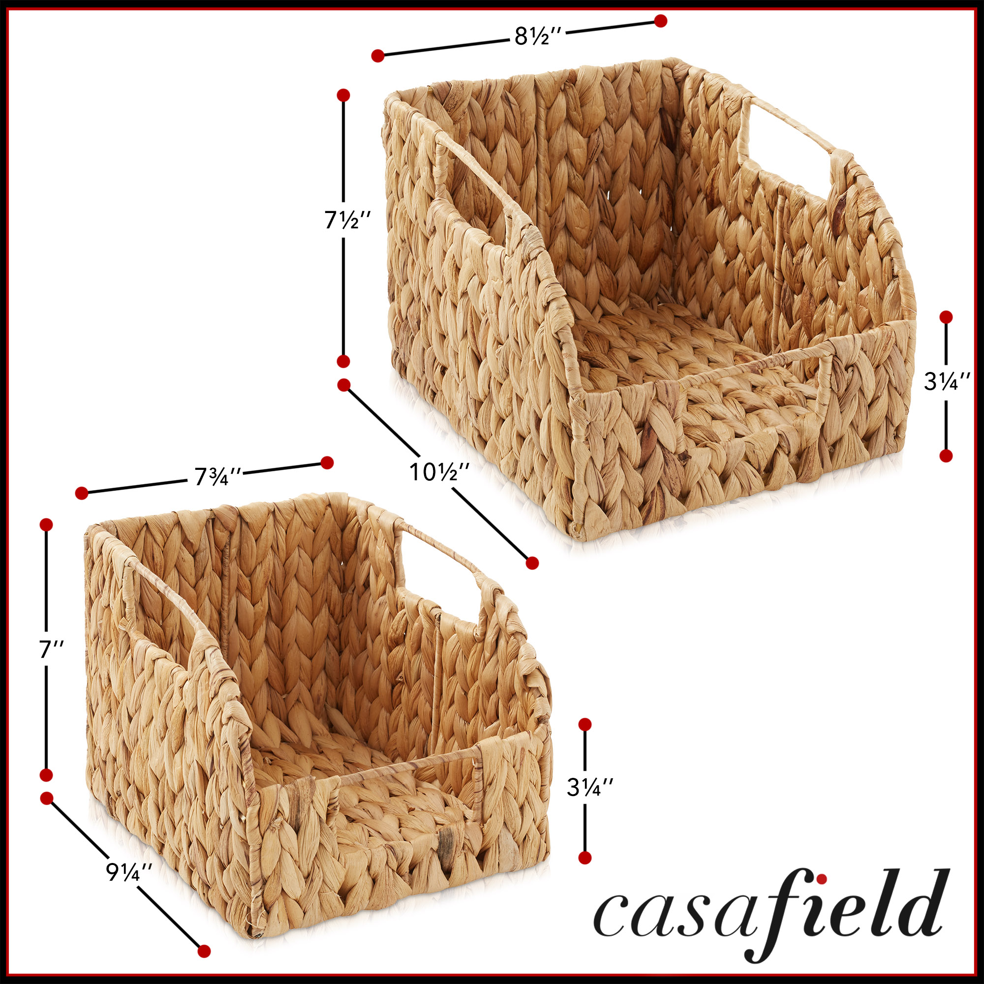 Casafield (Set of 2) Water Hyacinth Pantry Baskets with Handles - Natural, Medium and Large Size Woven Storage Baskets for Kitchen Shelves