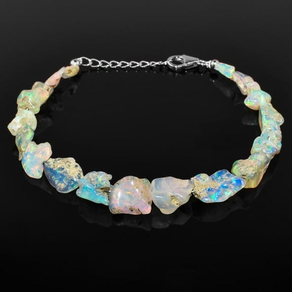 QNAVIC Raw Ultra Fire Polished Ethiopian Opal Stone Beads Dainty Bangle Handmade Bracelet For Women, Healing Crystal, Birthstone Jewelry, Rhodium Plated Sterling Silver Chain 8 Inch, Wedding Gifts