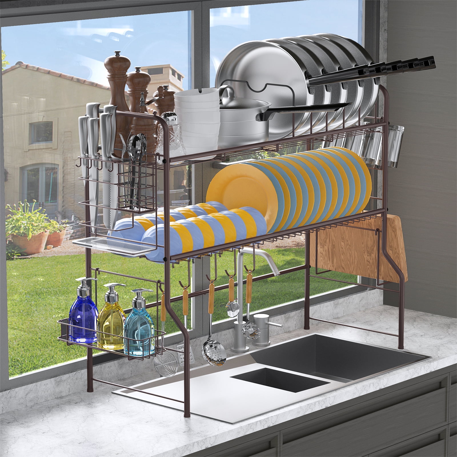 Simple Houseware Large Over Sink Counter Top Dish Drainer Drying Rack with  Drying Mat and Utensil Holder,Chrome 