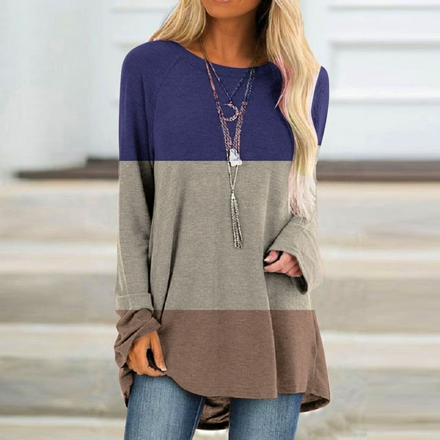 Meichang Tuniques pour Femmes Tendance T-Shirt à Blocs de Couleur Blouse Décontractée à Col Rond Chandails Amples à Manches Longues Tuniques à Enfiler à Imprimé Géométrique