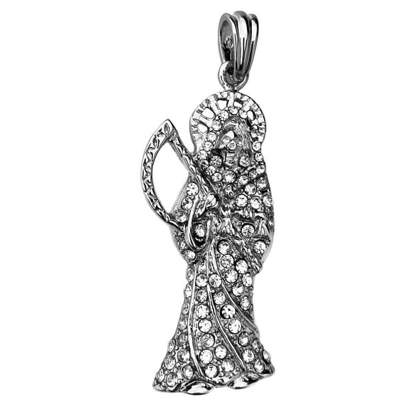 La Santa Muerte Pendant Iced Micro Pave Flooded Bling Grim Reaper Silver Tone Finish Hip Hop Charm Small 2.5"