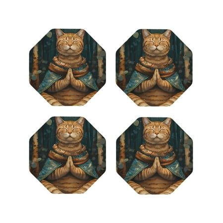 

Tideii Surreal Meditating Cat for Leather Coasters 4 Pieces Anti-fouling and Anti-scalding Decorative Coasters Suitable for Restaurants Kitchens Coffee Shops-Octagon
