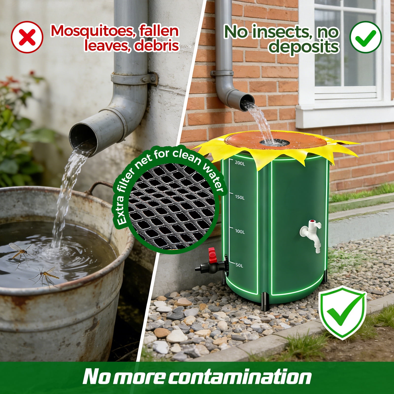 YTAKY Collapsible Rain Barrel 53 Gallon, Portable Rain Water Collection Barrel with 1000D Oxford Cloth, Spigot and Overflow Kit for Garden, Lawn, Outdoor - Green