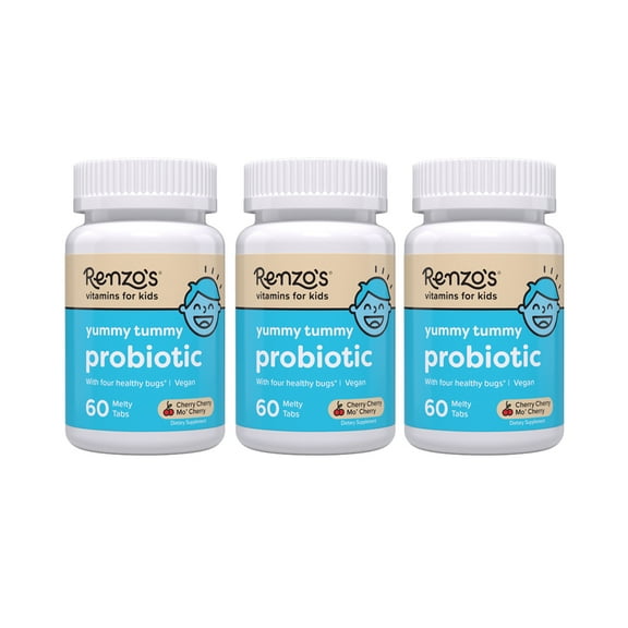 (3 pack) Renzo’s Vitamins Kids Probiotics, Yummy Tummy Probiotic for Kids Gut Health, Vegan, Sugar-Free, 60 Melty Tabs