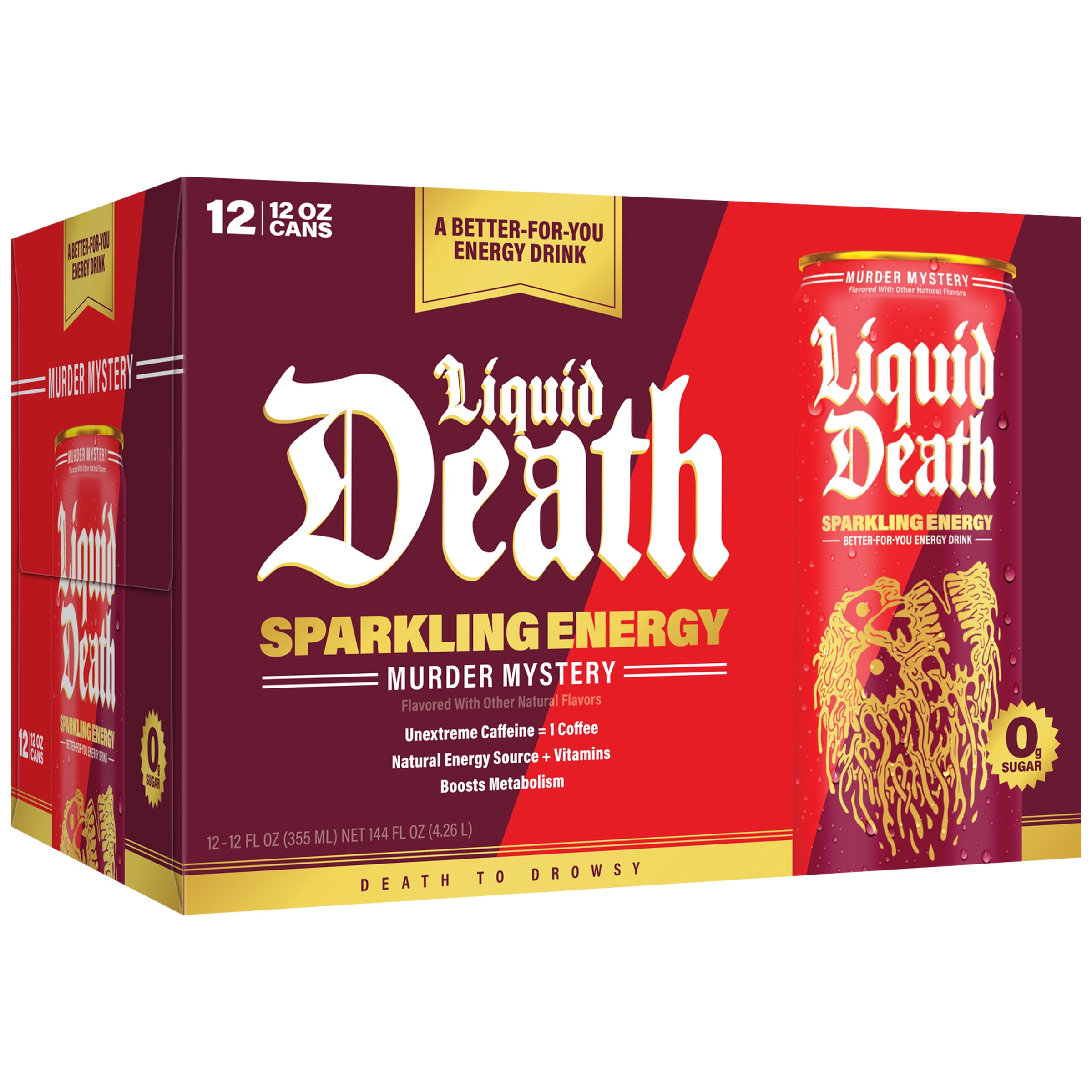 Liquid Death Sparkling Energy - Murder Mystery, Sugar-Free Energy Drink, Unextreme Caffeine 100mg, Essential Vitamins, 12 Fl Oz (Pack of 12)