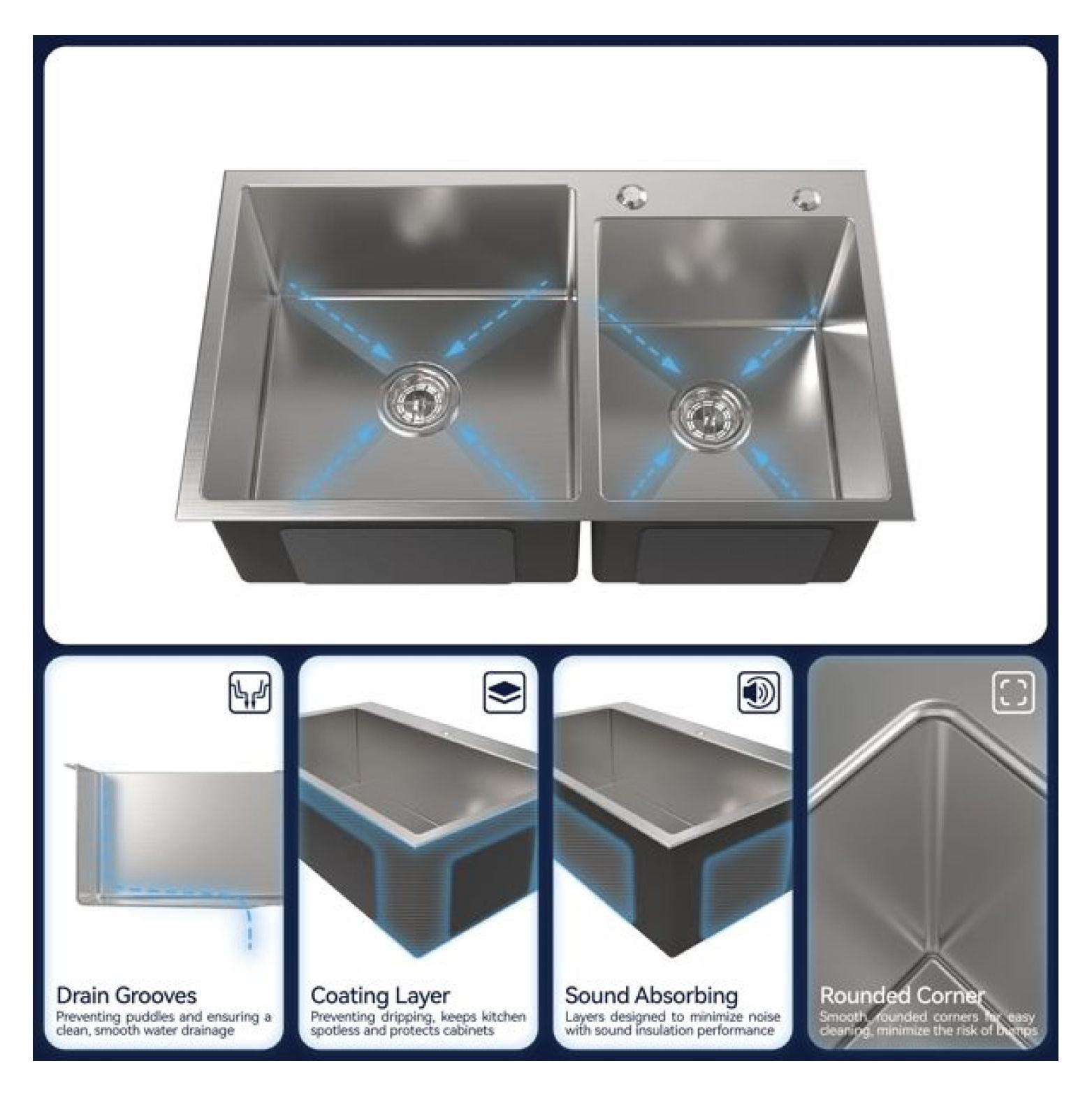Stainless Steel Kitchen Sink 32x19x10 Inch - Double Bowl Drop-in Sink with Sound Dampening, S304 Nano Gray Finish, Dishwasher Safe, Durable Household Sink