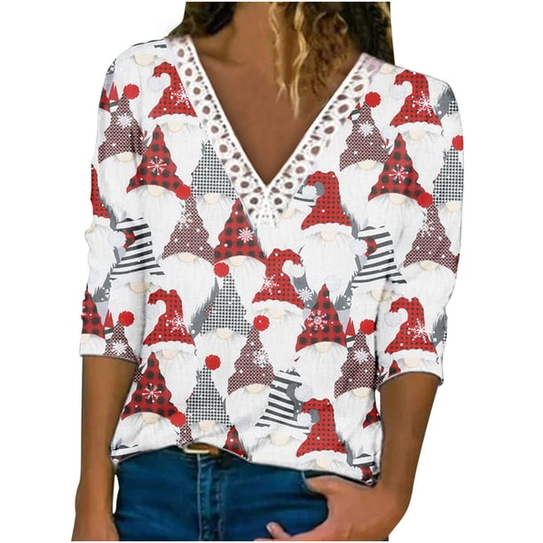 Camisas Navideñas Para Mujer Tops de Manga Larga Blusa Informal Con Cuello en V de Encaje Estampado A La Moda Odeerbi ODB198841