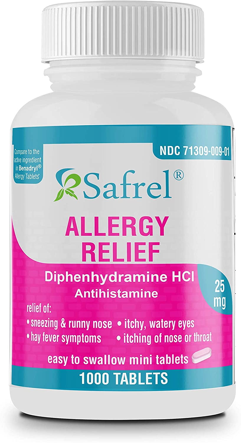 Safrel Allergy Relief Medicine | Antihistamine Diphenhydramine HCl 25 mg (1000 Tablets) Value Pack | Children and Adults | Relieves Sneezing, Runny Nose, Hay Fever Symptoms, Itchy Eyes and Throat