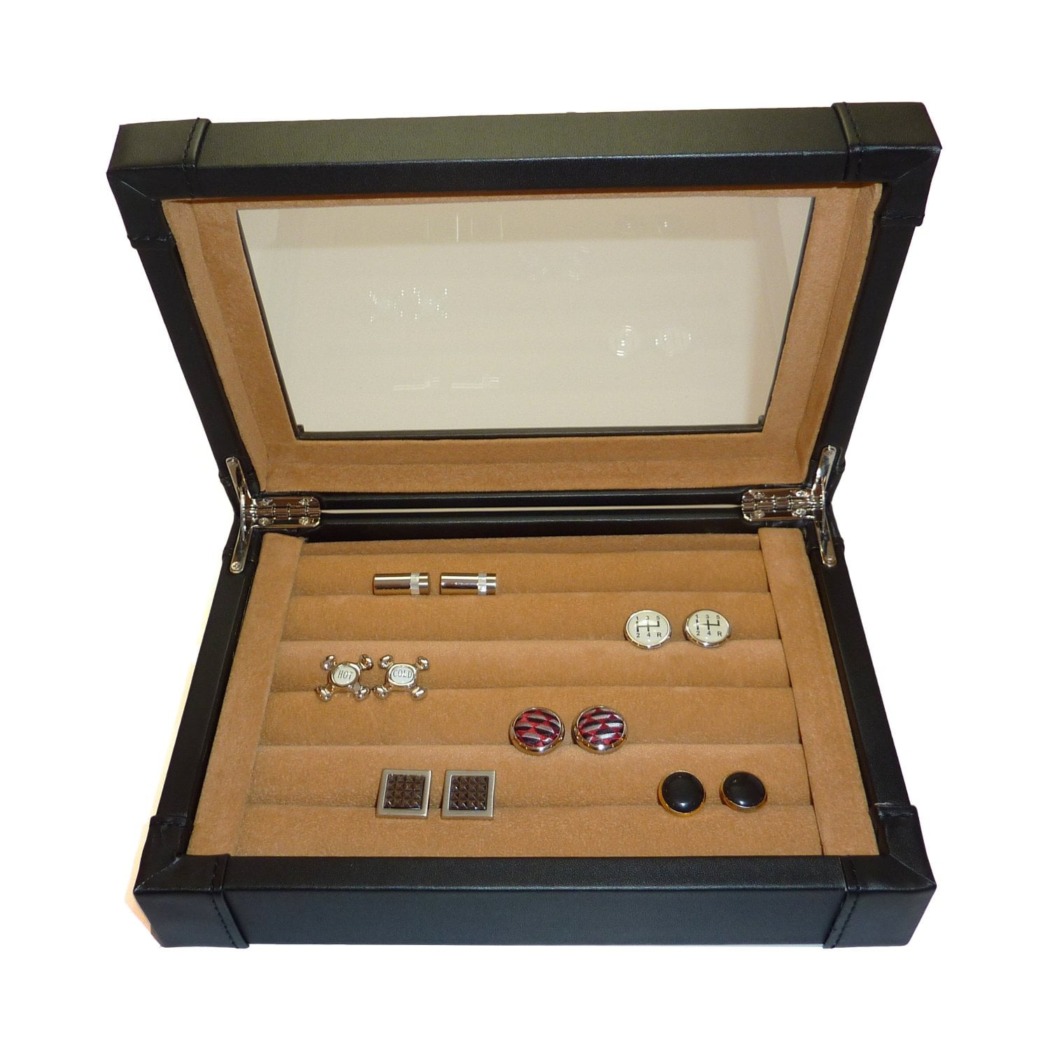 Men's Mohogany Cufflink Case & Ring Storage 7 Ring Jewelry Box Montage Leather 