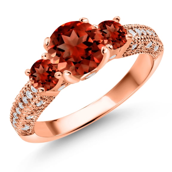 Gem Stone King 18K Rose Gold Plated Silver Red Garnet and White Moissanite Engagement Ring for Women (2.32 Cttw, Gemstone January Birthstone, Round 7MM and 4MM, Size 7)