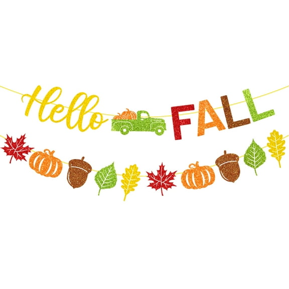 Glitter Hello Fall Banner with Pumpkin Truck Signs and Colorful Glittery Maple Leaves Pumpkin Acorns Banner Autumn Harvest Garland Banner Fall Thanksgiving Party Fireplace Mantle Decorations Supplies