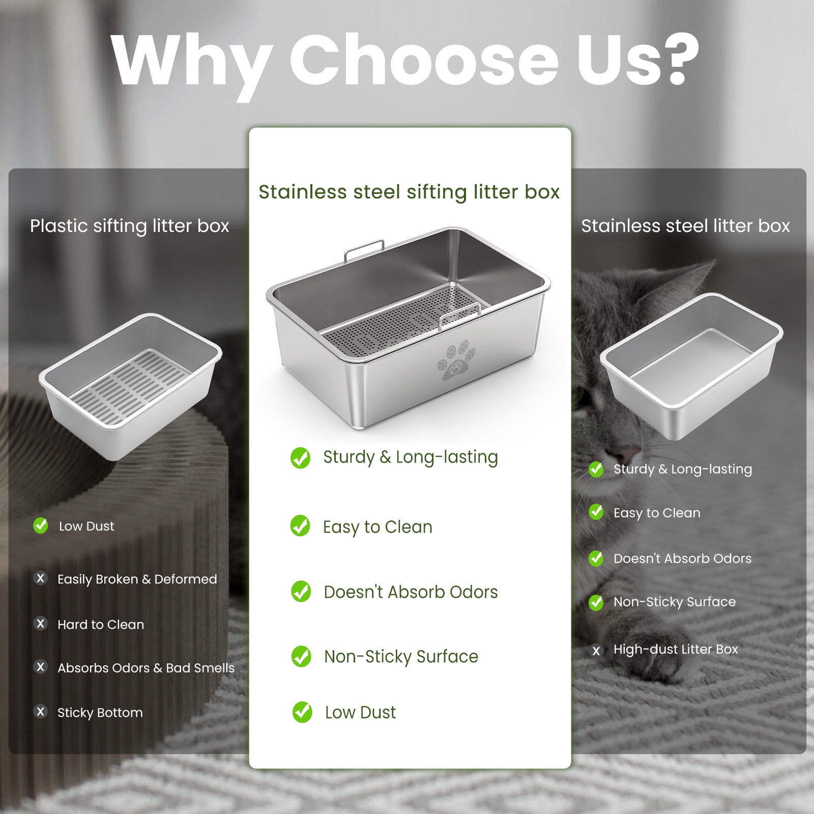 Ptlom Stainless Steel Sifting Litter Box for Pine Pellets 23.6" x 15.7" x 7.9", Extra Large Metal Litter Pan with Sifter
