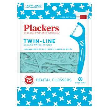 Plackers Twin-Line Dental Flossers, Dual Action Flossing System, Easy Storage, Super Tuffloss, 2X The Clean, Cool Mint Flavor, 75 Count